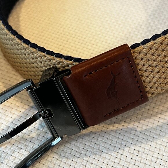 Tommy Bahama Belt Mens L/XL Beige Navy Reversible Canvas Stretch Width 1-3/8" - Picture 3 of 5